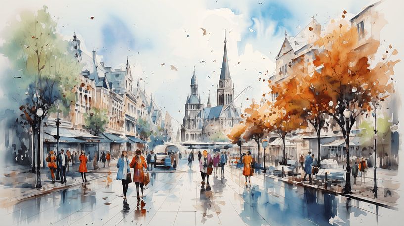 Abstract painting in the city with shopping mall people, house, street colour, watercolour art design by Animaflora PicsStock