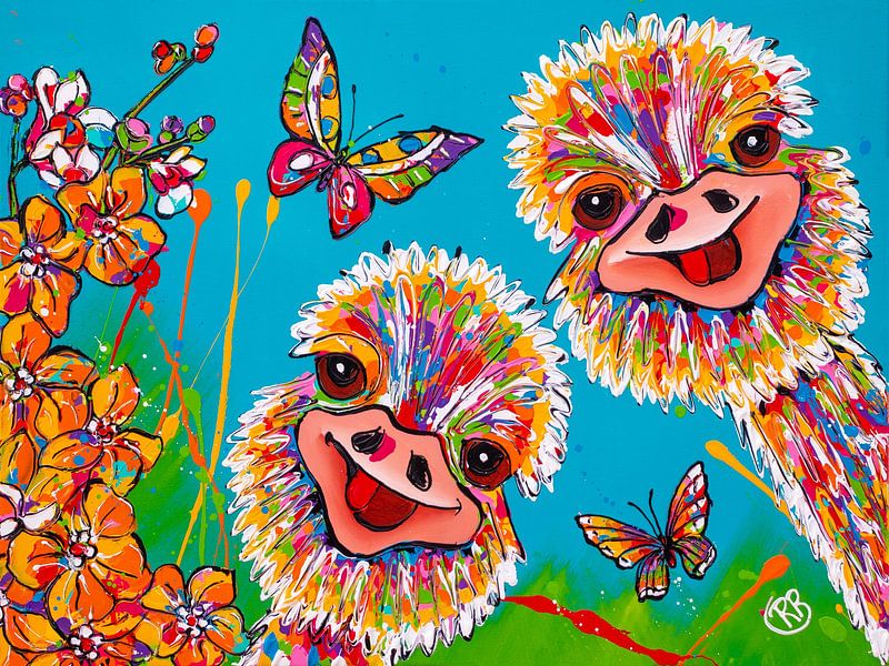 Autruches joyeuses avec papillons par Happy Paintings / Renata Rolefes