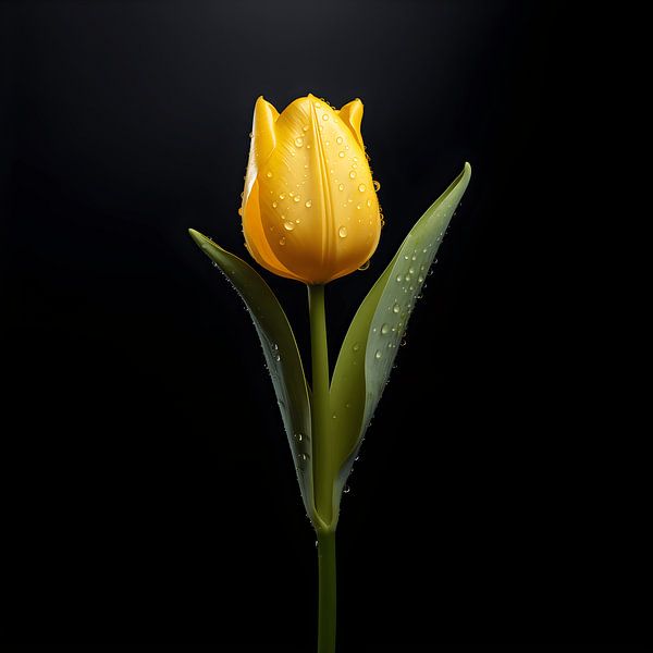 Simple Splendour: Yellow Tulip in the Silence of the Dew, Shining on a Deep Black Background by Karina Brouwer