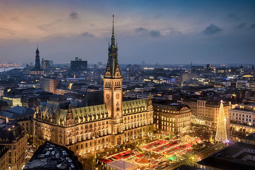 City Hall and Christmas market in Hamburg, Germany by Michael Abid