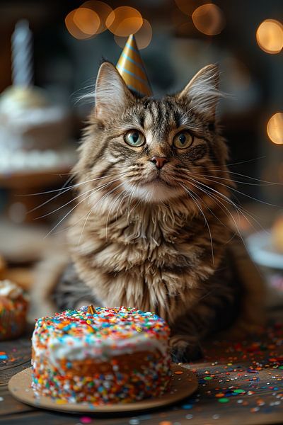 Lustige Katze Feiert Geburtstag mit Partyhut und Torte von Poster Art Shop