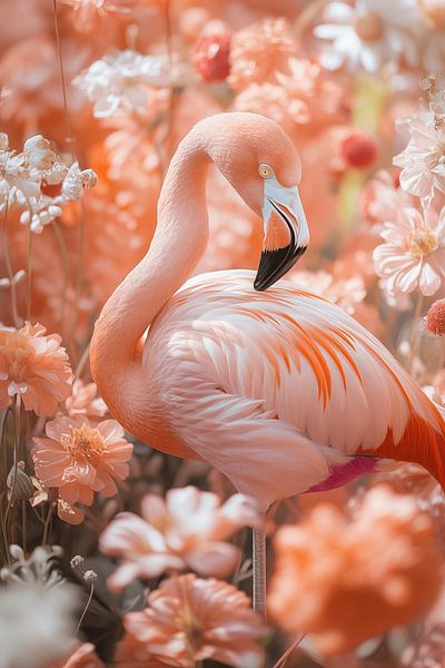 Flamingo in Soft Peach Sea of Flowers by Eva Lee