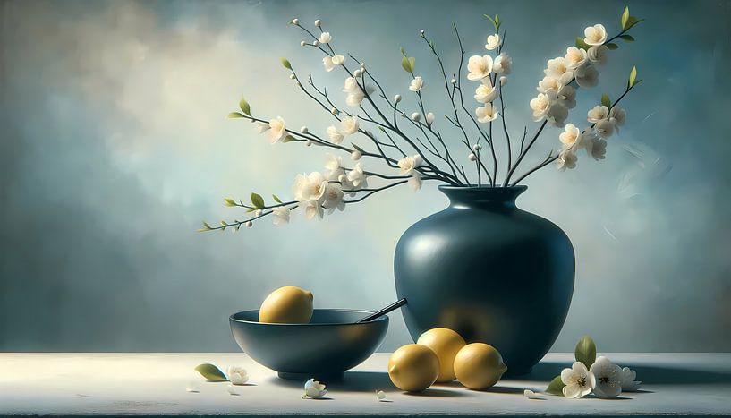 Elegant Still Life with Blue Vase and Lemons by Sanne den Engelsman