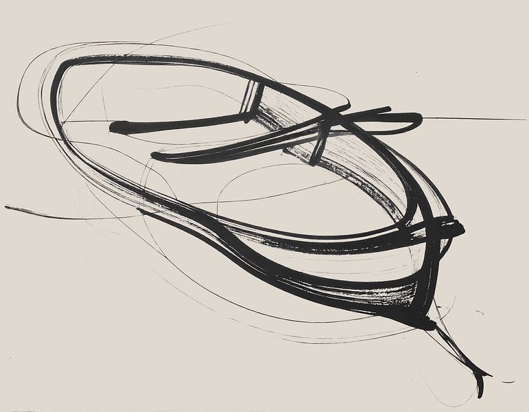 Minimal art - abstract artwork with black lines on beige background - boat by Emiel de Lange