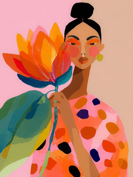 Frau mit großer orangefarbener Blume - moderne Illustration in hellen Farben und Mustern von But First Framing
