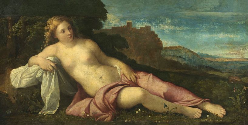 Reclining woman in a Landscape, Palma Vecchio by Masterful Masters