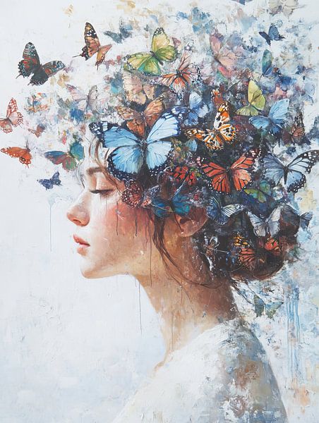 Frau und Schmetterlinge | Frau und bunte Schmetterlinge von Kunst Laune