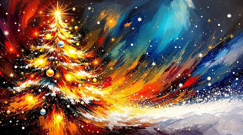 Christmas time in an impasto explosion of colour: snow-covered branches and floating baubles, crowned by a shining star, surrounded by swirling hues, dancing snowflakes and abstract winter magic by AidasignArt