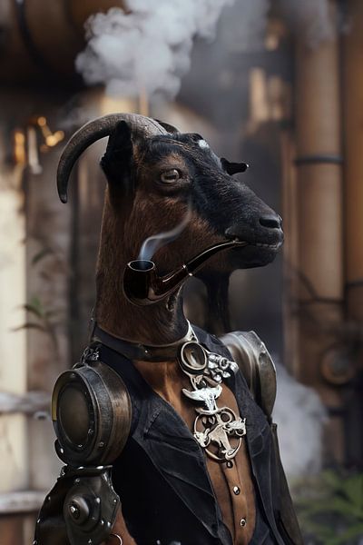Steampunk Goat in Abandoned Factory: Majestic Elegance and Mystery by Elianne van Turennout