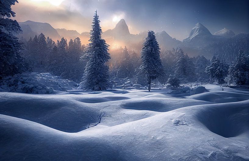 Landscape in winter with snow in evening illustration by Animaflora PicsStock