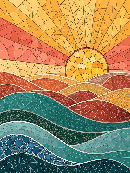 Gebrandschilderd glas Zonsondergang over glooiende heuvels van Artistic