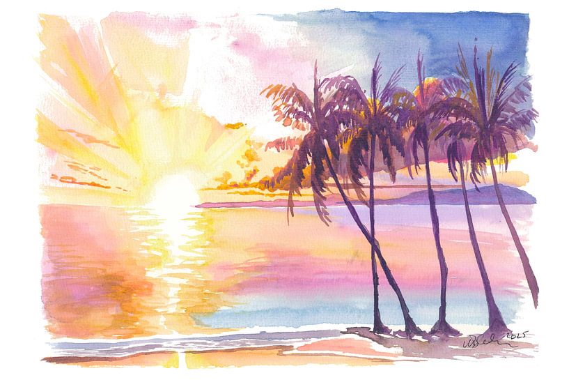 Tropiques dorés avec coucher de soleil et palmiers chancelants sur la plage de la Martinique par Markus Bleichner