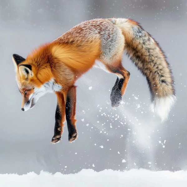 Renard bondissant dans la neige par Poster Art Shop