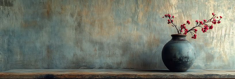 Dark vase with pink blossom branch against blue wall panorama by Digitale Schilderijen