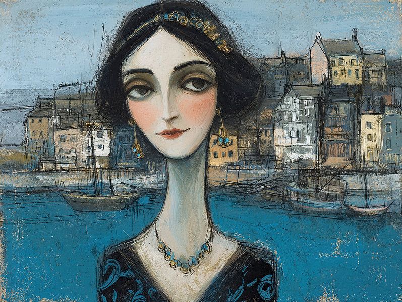 Lofoten Gemälde | Frau in harmonischem Blauton von Abstraktes Gemälde