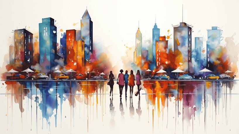 Stadt mit Menschen Panorama-Aquarell auf weißem Hintergrund, Farb Kunst Design von Animaflora PicsStock