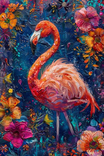 Tropical Serenade - Flamingo inmitten von Blumenpracht von Eva Lee