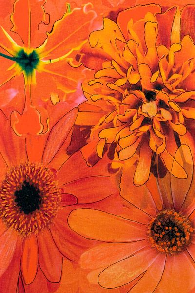 Mischtechnik mit verschiedenen Blumen in Orange. von Therese Brals