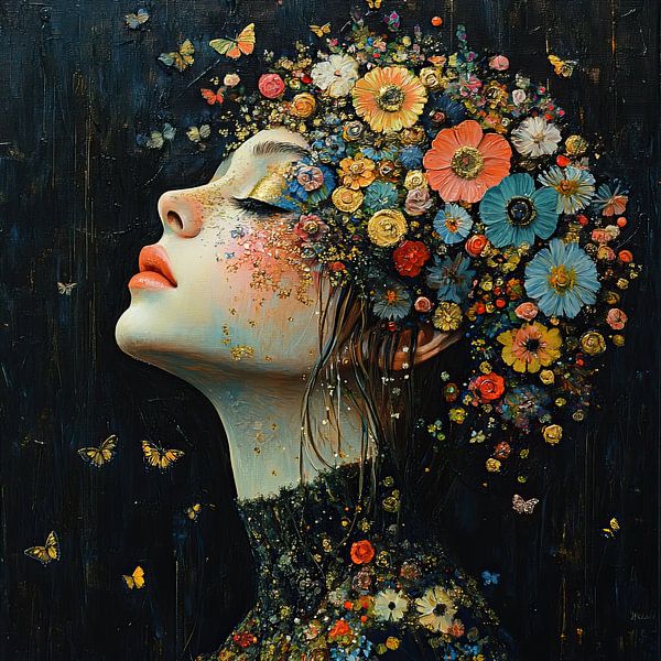 Femme rêveuse entourée de fleurs par Peintures accrocheuses