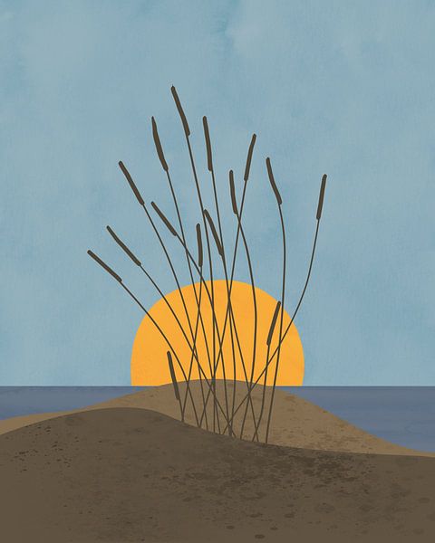 Minimalist illustration of dunes and an orange sun by Tanja Udelhofen