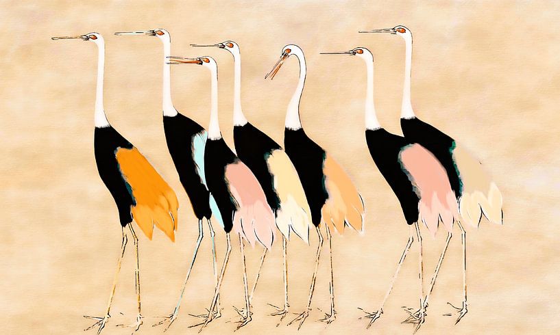 Japan cranes in peach pastel colours by Mad Dog Art