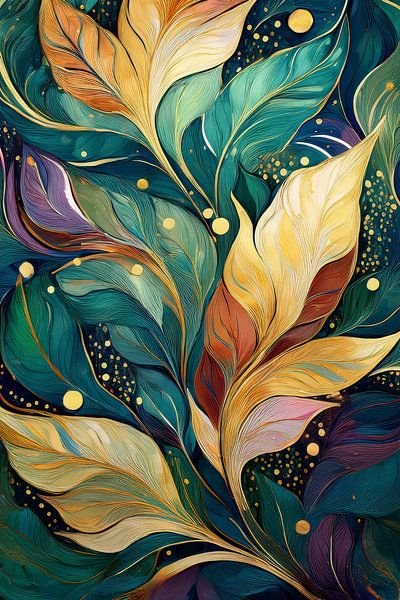 Behang met structuur en bladeren in groen en goud van Jörg B. Schubert