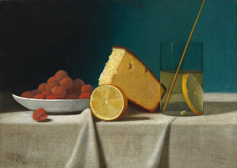 Still life with cake, lemon strawberries and glass, John Frederick Peto by Oude Meesters Atelier