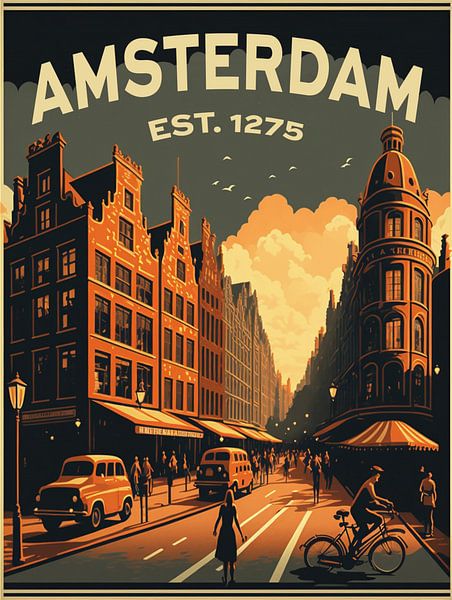 Amsterdam, vintage poster with canal houses by Roger VDB
