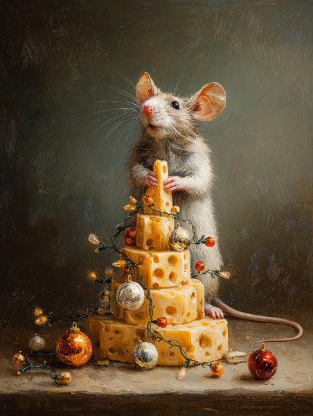Weihnachtsmaus mit Käsebaum und Glitzerkugeln - verspieltes Ölgemälde von But First Framing