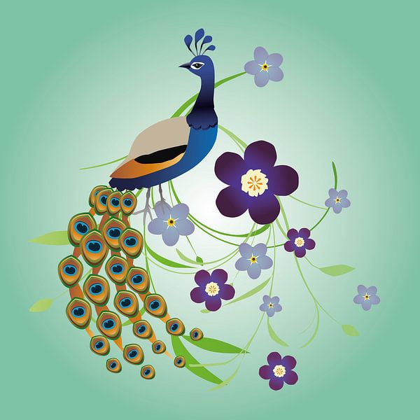 Peacock with flowers by Bianca Wisseloo