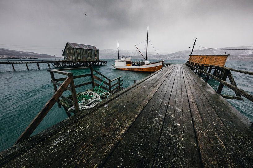 Holzsteg mit Boot von Martijn Smeets