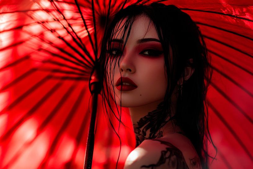 Frau mit rotem Schirm – Stilvoll und mystisch von Poster Art Shop