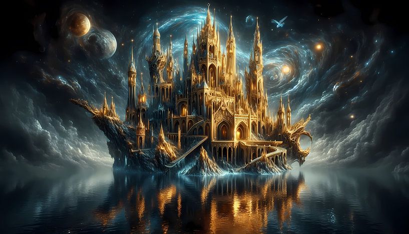 Golden Castle in the Night - Mystical Black and Gold Art by ButterflyPix