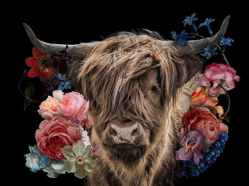 Schottischer Highlander in den Blumen von Dutch Art Works