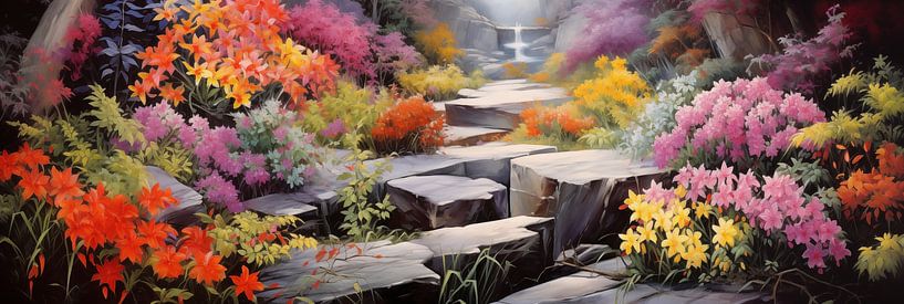 Japanese rock garden with river and colourful flowers in spring, art design by Animaflora PicsStock
