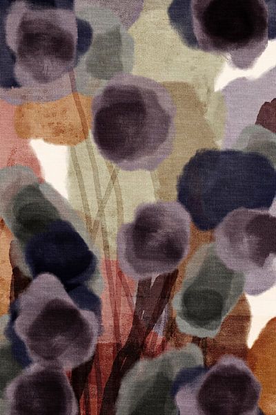 Abstracte botanische kunst in paars, mokka mousse en olijfgroen. van Dina Dankers