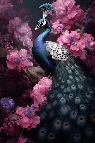 Blue peacock with pink flowers by Danny van Eldik - Perfect Pixel Design