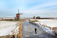 Skaten in einer niederländischen Polderlandschaft mit Blick auf eine Windmühle.