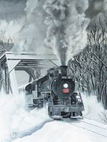 Acrylfarbe Dampfzug im Schnee auf Gleisen