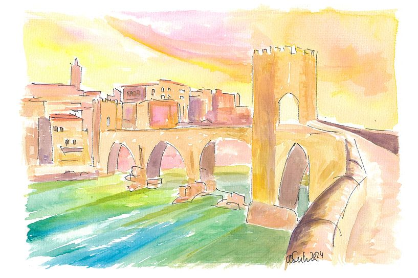 Old Pont de Besalú scene in Spain at sunset by Markus Bleichner