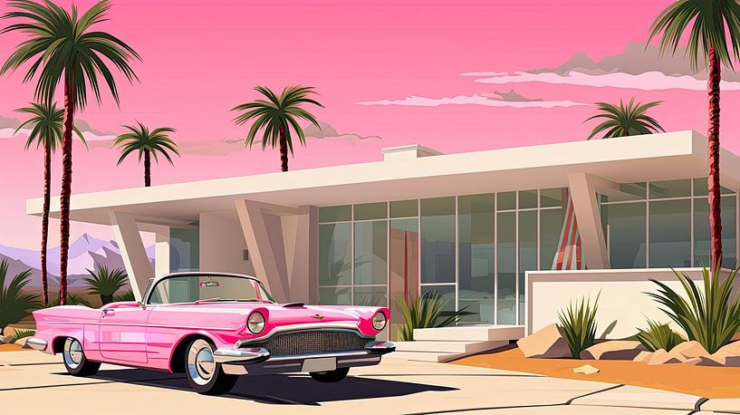 Retro bungalow and pink Cadillac in Barbie style by Vlindertuin-Art