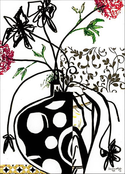Vase de fleurs abstraites (  6 ) Collage en noir et blanc. par Ineke de Rijk