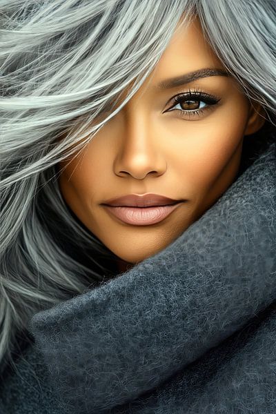 Grauhaarige Modeikone im Studio von Frank Heinz