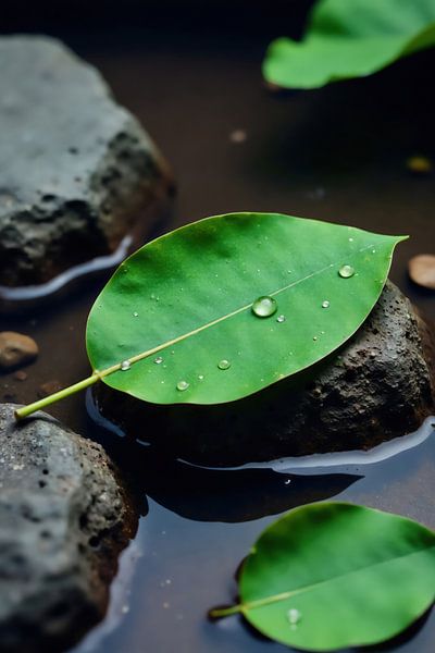 Feuille verte sur un rocher dans l'eau avec d'autres rochers et feuilles par Markus Gann