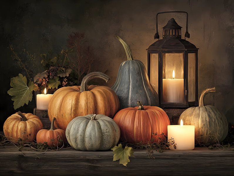 Nature morte rustique de citrouilles d'automne par Ariadna de Raadt-Goldberg