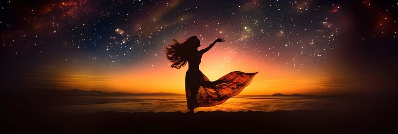 Danse de la femme : coucher de soleil poétique &amp;amp ; ciel étoilé par Surreal Media