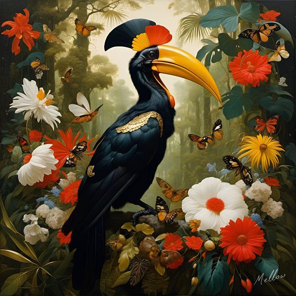 Jungle Flora Surrealism: Great Hornbill by Mellow Art