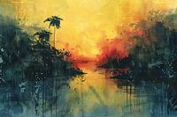 Coucher de soleil tropical avec de l'eau et des palmiers