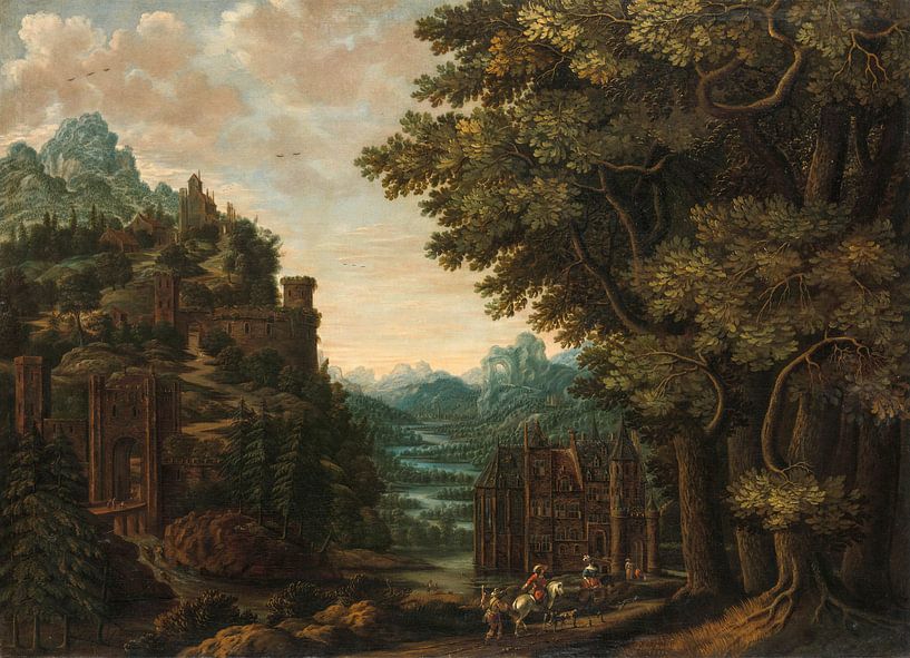 Paysage montagneux avec vallée fluviale et châteaux, Jan Meerhout par Schilders Gilde