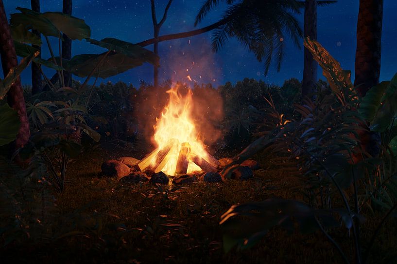 Glowing campfire in the middle of tropical plants by Besa Art